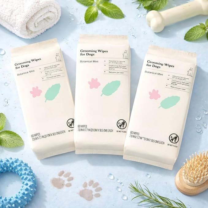 Kindfull Dog Grooming Wipes – 3 Pack (180 Total), Botanical Mint Scent – Gentle, pH-Balanced Pet Wipes for Paws & Fur – Plant-Based, Alcohol-Free – 7.9" x 7.7" Each