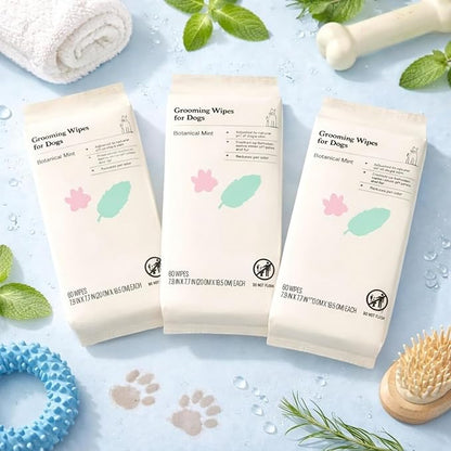 Kindfull Dog Grooming Wipes – 3 Pack (180 Total), Botanical Mint Scent – Gentle, pH-Balanced Pet Wipes for Paws & Fur – Plant-Based, Alcohol-Free – 7.9" x 7.7" Each