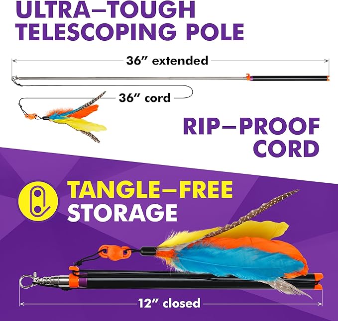 Cat Amazing Snatch - Magnetic Cat Wand Toy! Telescoping, Durable Feather Toy for Cats - Fishing Pole & Teaser Wand String Stick - Cats Can Really Catch!