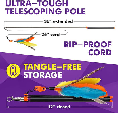 Cat Amazing Snatch - Magnetic Cat Wand Toy! Telescoping, Durable Feather Toy for Cats - Fishing Pole & Teaser Wand String Stick - Cats Can Really Catch!