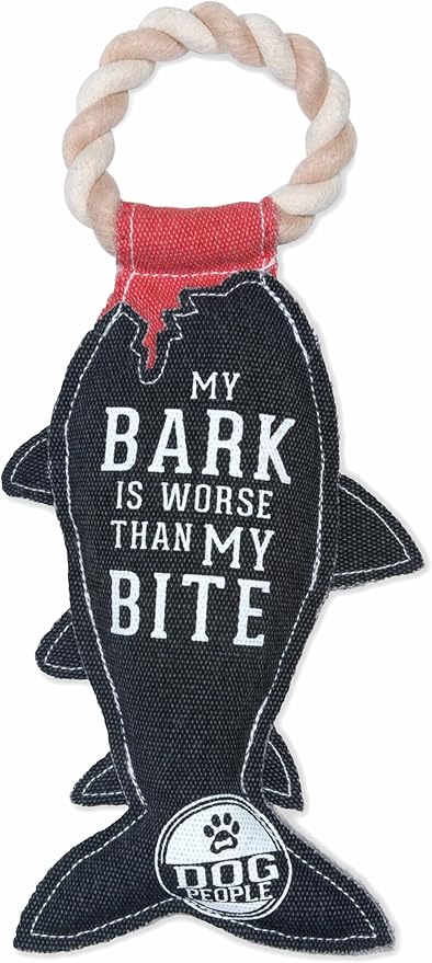 Pavilion Gift Company - My Bark is Worse Than My Bite - 13 Inch Large Canvas Tug of War Shark Shaped Dog Rope Toy - Sturdy & Durable