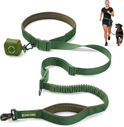 Spark Paws Handsfree Dog Leash – Shock Absorbing Waist Bungee Lead for Running, Car Seatbelt Clip & Poop Bag Set, Heavy Duty Tactical Lead for Medium, Large & X-Large Breeds - Army Green