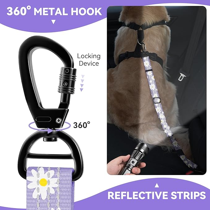 Pawaboo Dog Car Seat Belt– Reflective & Adjustable Dogs Cars Harness Leash with 360° Lockable Buckle, Shockproof Dogs Tether Bungee for Safe Travel, Light Purple