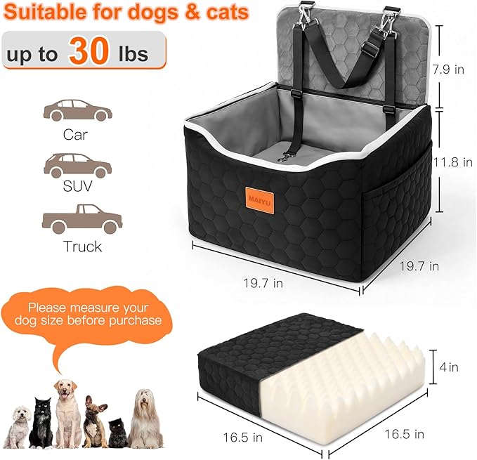 Dog Car Seat for Small Medium Dogs Under 35lbs - Dog Booster Car Seat with Adjustable Straps,Elevated Detachable Washable Pet Travel Cat Bed with Storage Pockets,2 Safety Belts (Grey)