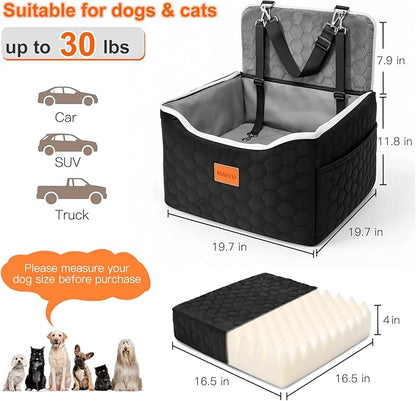 Dog Car Seat for Small Medium Dogs Under 35lbs - Dog Booster Car Seat with Adjustable Straps,Elevated Detachable Washable Pet Travel Cat Bed with Storage Pockets,2 Safety Belts (Grey)