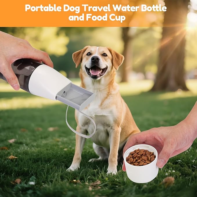 Portable 12 oz Dog Water Bottle with 4 oz Food Container for Dogs Puppy Cats, Leak Proof Pet Water Dispenser Feeder Drinking Bowl for Outdoor Walking Hiking Travel