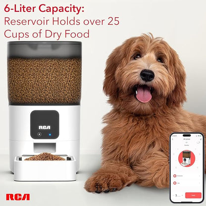 RCA Smart Automatic Pet Feeder 6L WiFi App Control Cat & Dog Food Dispenser with Portion Control, Voice Recorder, Alexa Compatible, BPA-Free Storage & Dishwasher Safe Bowls for Cats Dogs