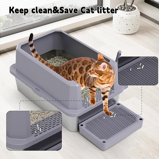 RIZZARI Open Cat Litter Box: Large Gray Stainless Steel Litter Pan 23.8" x 15.9" x 12.4" - High Sided Splash-Proof Easy Clean Toilet for Cats up to 20 lbs - Ideal for - Laundry Areas - Apartments