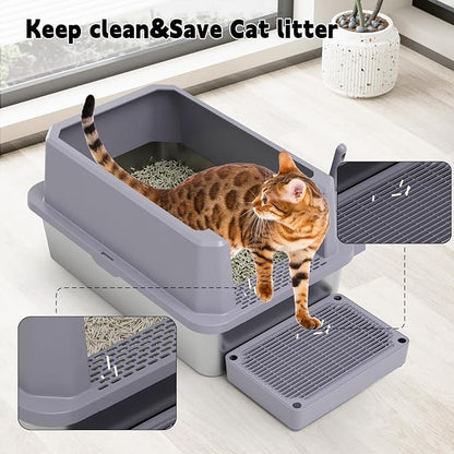 RIZZARI Open Cat Litter Box: Large Gray Stainless Steel Litter Pan 23.8" x 15.9" x 12.4" - High Sided Splash-Proof Easy Clean Toilet for Cats up to 20 lbs - Ideal for - Laundry Areas - Apartments