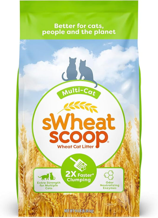 sWheat Scoop Natural Wheat Multi-Cat Litter, Superior Clumping with Odor Neutralizing Enzymes, 14 Pound Bag