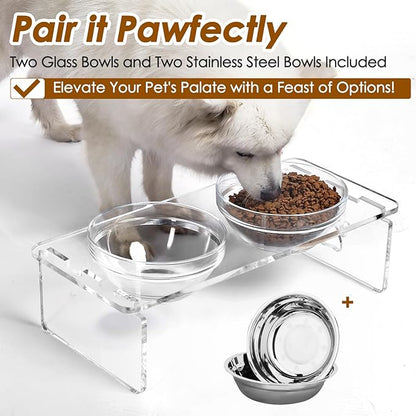 Elevated Dog Bowls for Medium Dogs – 5.5” Acrylic Raised Pet Feeder Stand with 2 Stainless Steel & 2 Glass Removable Bowls – Food & Water Dish Set