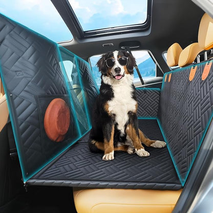 Dog Car Seat Cover for Back Seat-Holds 400lbs, XL Hard Bottom Waterproof Back Seat Extender for Dogs with Mesh Window & Headrest Cover, 600D Heavy Duty Anti-Scratch Dog Hammock for Car, SUV, Truck