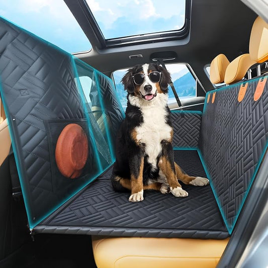 Dog Car Seat Cover for Back Seat-Holds 400lbs, XL Hard Bottom Waterproof Back Seat Extender for Dogs with Mesh Window & Headrest Cover, 600D Heavy Duty Anti-Scratch Dog Hammock for Car, SUV, Truck