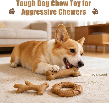 Dog Chew Toys for Aggressive Chewers, 3 Pack Nylon & Wood Teething Bone Toy Set with Chicken Flavor, Durable Tough Bones Chewing Toys for Small & Medium Dogs