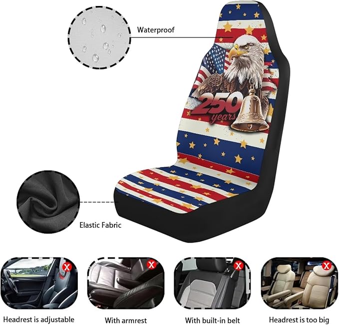 250th Car Front Seat Covers Waterproof Universal Front Seat Cover Eagle American Flag Removable Automotive Accessories Suitable for Cars, SUV and Trucks