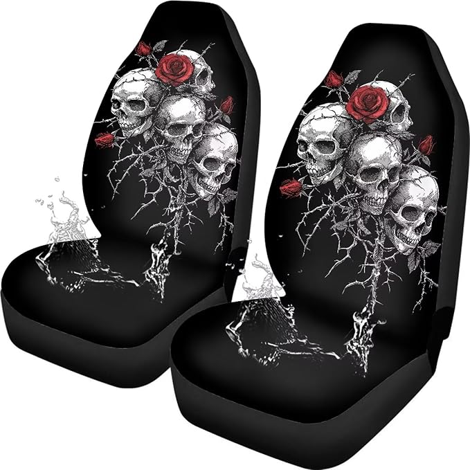 Skull Rose Car Seat Covers 2 Pcs Car Seat Covers Front Seats Only Waterproof Breathable Easy to Install Anti-Slip Back Fabric Universal Fit for Auto Truck Van SUV