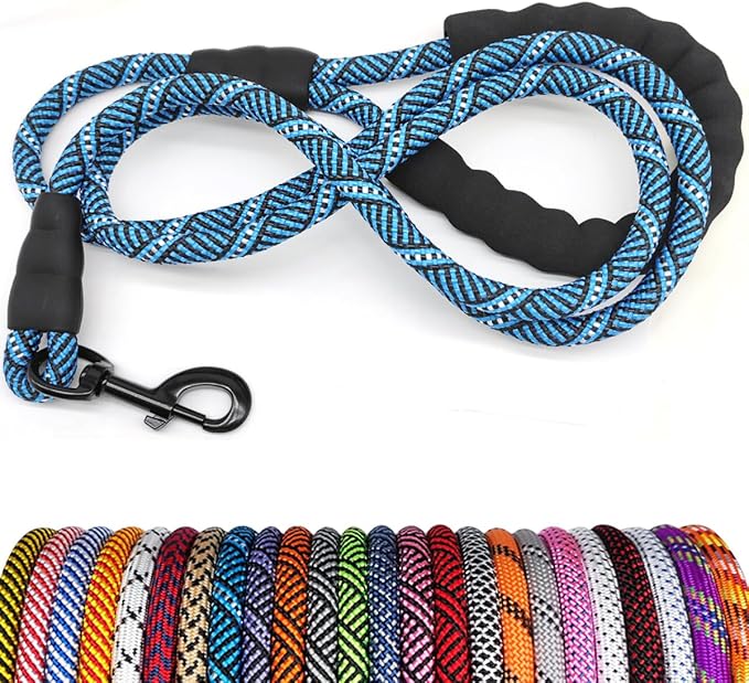 MayPaw Heavy Duty Rope Dog Leash, 3/6/8/10/12/15/20/30 FT Long Dog Lead Nylon Pet Leash, Soft Padded Handle Thick Lead Training Leashes for Large Medium Dogs (15ft * 1/2", Blue Black)