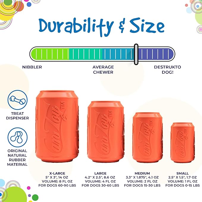 SodaPup Soda Can – Durable Dog Treat Dispenser & Chew Toy Made in USA from Non-Toxic, Pet Safe, Food Safe Natural Rubber Material for Mental Stimulation, Problem Chewing, Calming Nerves, & More