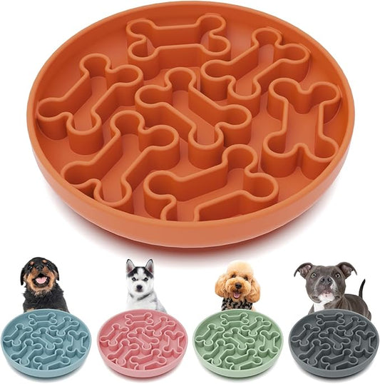 Silicone Slow Feeder Dog Bowl – Orange Bone Pattern | Food-Grade Non-Slip Dog Dish for Anti-Bloat, Fast Eating Prevention, 7.5” x 1.5”, Dishwasher Safe