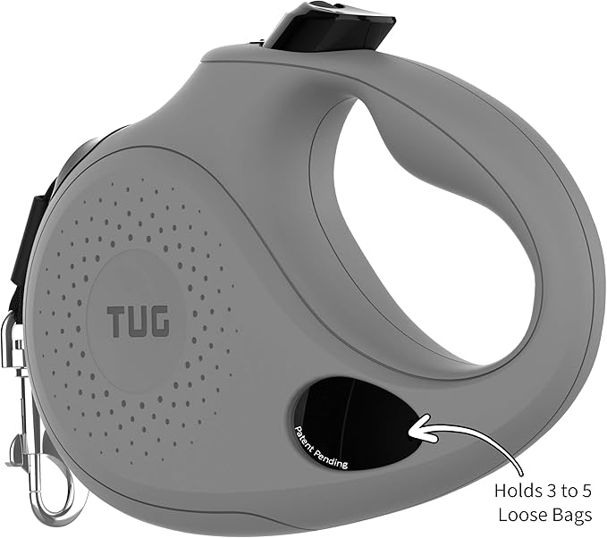 TUG Oval 360° Tangle-Free Retractable Dog Leash with Integrated Waste Bag Dispenser (Medium, Grey)