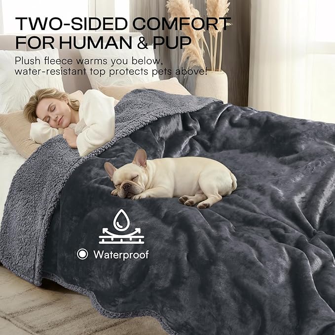 Waterproof Pet Blanket, Liquid Pee Proof Dog Blanket for Sofa Bed Couch, Reversible Sherpa Fleece Furniture Protector Cover for Small Medium Large Dogs Cats, Dark Gray Medium（57" x 40"）