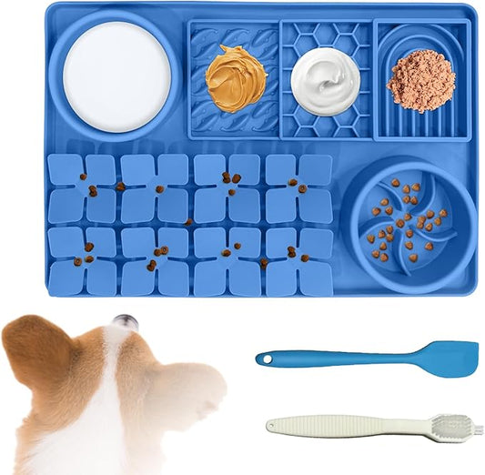 Lick Mat for Dogs Includes Brush and Scraper, Snuffle Mat Silicone Anti-chocking Pet Dish, Non-Slip Dog Licking Bowl Interactive Entertainment Puzzle Toy Blue