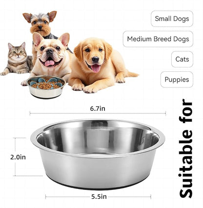 2 in 1 Slow Feeder Dog Bowl with Removeable Silicone Feeder Insert, Stainless Steel Pet Bowl, Non-Slip Rubber Base for Small Medium Dog Cat (3.2 Cups)