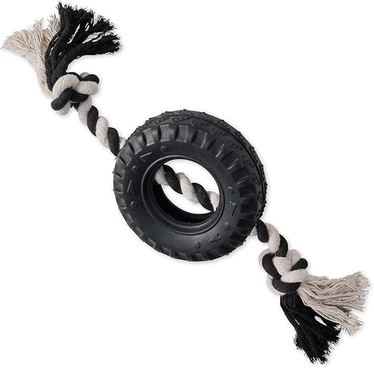 Natural Rubber Tire and Organic Cotton Rope Pull and Chew Dog Toy for All Pet Breeds, Black, Small