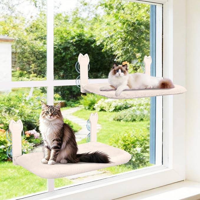 2 Pack Cat Window Perch,Cat Window Hammock Cordless Foldable Window Bed with 4 Large Strong Suction Cup,Reversible Cushion Cover,Metal Frame Easy to Adjust Window Seat Holds up to 40lbs(Beige