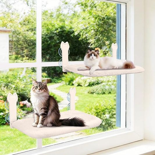 2 Pack Cat Window Perch,Cat Window Hammock Cordless Foldable Window Bed with 4 Large Strong Suction Cup,Reversible Cushion Cover,Metal Frame Easy to Adjust Window Seat Holds up to 40lbs(Beige