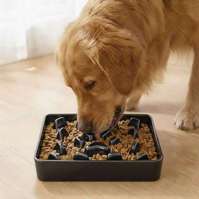 Ceramic Slow Feeder Dog Bowl, 1.8 Cup Fun Pet Food Dish for Small & Medium Breeds to Slow Down Eating, Anti-Gulping, Stop Bloat, Preventing Choking (Black)