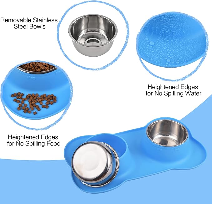 Dog Bowls 2 Stainless Steel Bowl for Pet Water and Food Feeder with Non Spill Skid Resistant Silicone Mat for Pets Puppy Small Medium Cats Dogs