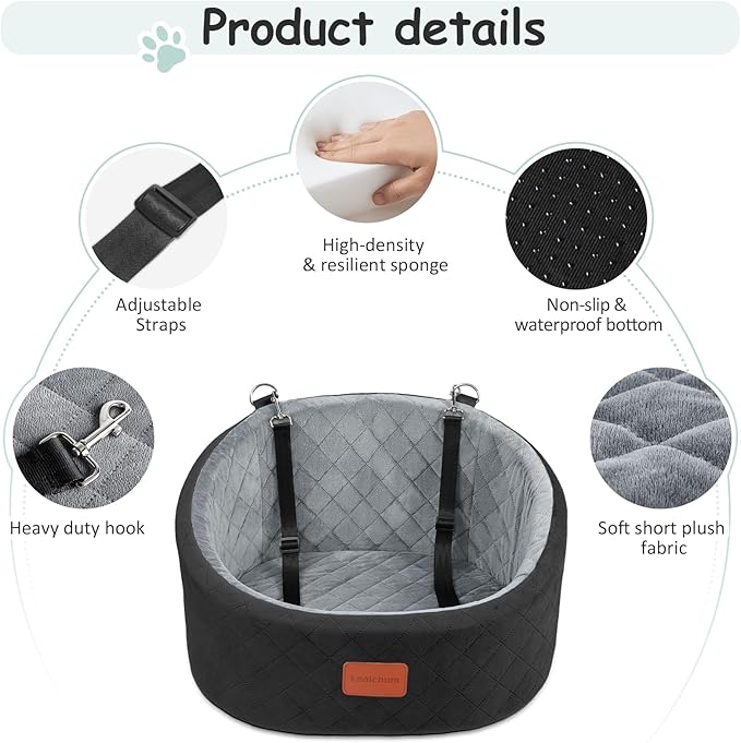 Lealchum Dog Car Seat for Small Dogs Up to 30 Lbs,Ultra Soft Fabric Fill in Comfy Memory Foam,Happy Pet Ride,2 Safety Dog Leashes,Fully Detachable and Washable,Anti Slip Base(Black/Grey)