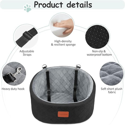 Lealchum Dog Car Seat for Small Dogs Up to 30 Lbs,Ultra Soft Fabric Fill in Comfy Memory Foam,Happy Pet Ride,2 Safety Dog Leashes,Fully Detachable and Washable,Anti Slip Base(Black/Grey)