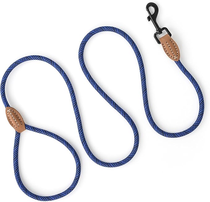 Mile High Life Small Dog Leash, Thin Rope Leash with Genuine Leather Connection and Heavy Duty Metal Clasp, Great for Small Medium Dogs(Blue,72 Inch-1/3)