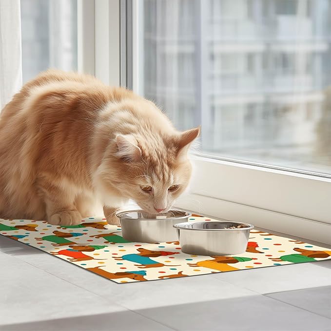 Cute Dachshund Dogs Pet Food Mat Spill-Proof Pet Feeding Mat for Food and Water Bowl Pets Placemat Easy Clean Fast Dry Area Mat for Cats Kittens & Small Dogs 24" x 16"