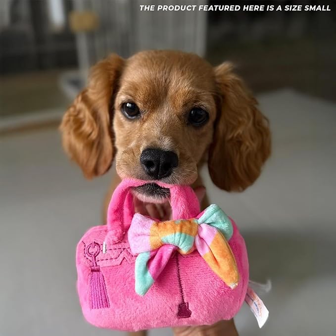 Haute Diggity Dog Barkin Bag with Scarf, Plush Designer Dog Toys with Interactive Squeaker, Stimulating Pet Enrichment, Machine-Washable & Safe Materials for All Breeds, Size Small