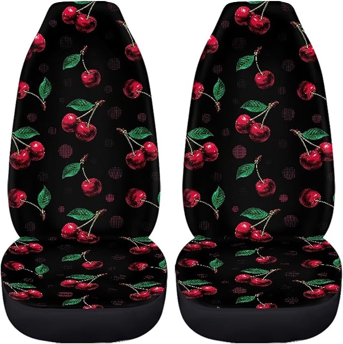 Cherry Print Car Seat Covers Full Set of 2, Cloth Seat for Auto Front Seats, Black Bucket Seat Covers for Cars Washable and Breathable Car Accessories for Sedan Truck SUV