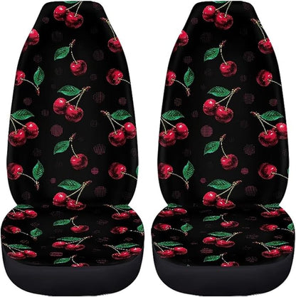 Cherry Print Car Seat Covers Full Set of 2, Cloth Seat for Auto Front Seats, Black Bucket Seat Covers for Cars Washable and Breathable Car Accessories for Sedan Truck SUV