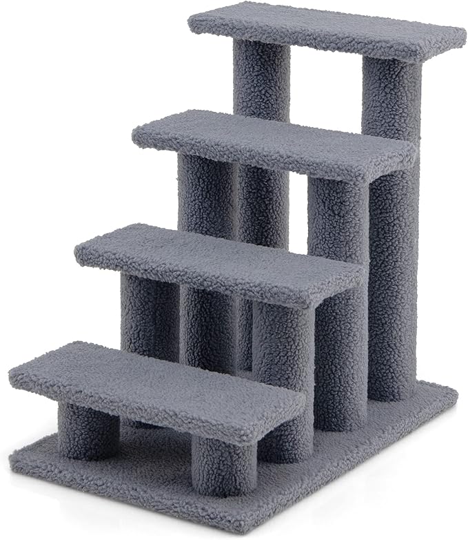 Tangkula Pet Stairs for Cats and Dogs, 4-Step Carpeted Ladder Ramp Cat Climber Cat Scratching Post, Multi-Step Dog Stairs for High Beds, Couch (Grey)