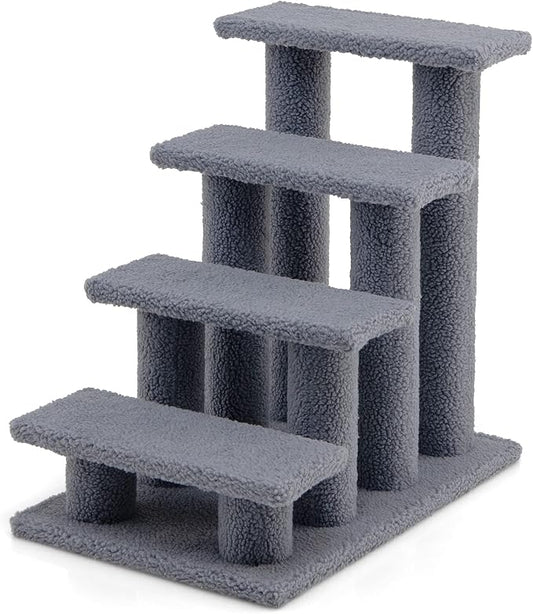 Tangkula Pet Stairs for Cats and Dogs, 4-Step Carpeted Ladder Ramp Cat Climber Cat Scratching Post, Multi-Step Dog Stairs for High Beds, Couch (Grey)