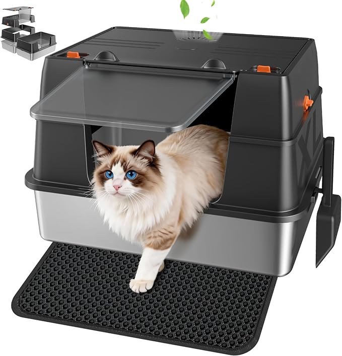 Stainless Steel Litter Box with Lid, Side Entry Extra Large High Sided Enclosure Litter Box, Removable Upper Cover Leak-Proof Odorless Non-Stick Easy Clean Metal Pan with Scoop & Mat