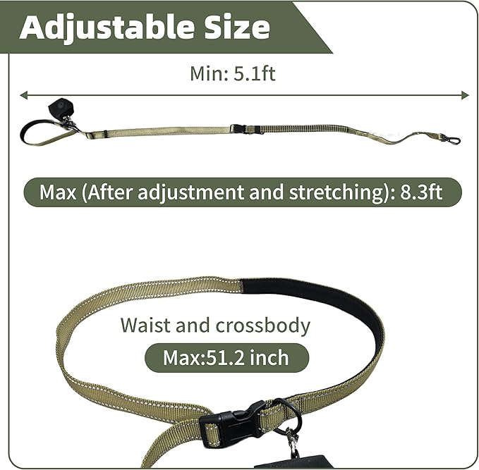 6-in-1 Hands-Free Dog Leash, Waist & Crossbody Bungee Lead with Dual Padded Handles, Bungee Shock Absorbing, Seat Belt Buckle, Reflective for Small Medium Large Dogs, Green