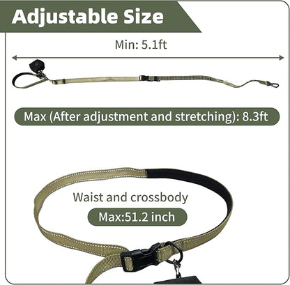 6-in-1 Hands-Free Dog Leash, Waist & Crossbody Bungee Lead with Dual Padded Handles, Bungee Shock Absorbing, Seat Belt Buckle, Reflective for Small Medium Large Dogs, Green