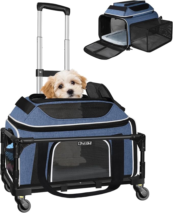 Petskd Top and Side Expandable Pet Carrier with Wheels 18x11x11 Inches Delta United Airline Approved, Soft-Sided Carrier for Small Cats and Dogs with Locking Safety Zippers and Anti-Scratch Mesh(Blue)