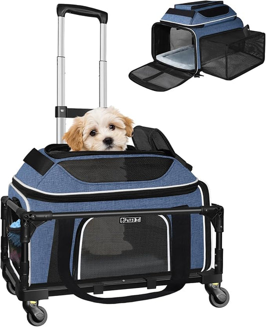 Petskd Top and Side Expandable Pet Carrier with Wheels 18x11x11 Inches Delta United Airline Approved, Soft-Sided Carrier for Small Cats and Dogs with Locking Safety Zippers and Anti-Scratch Mesh(Blue)