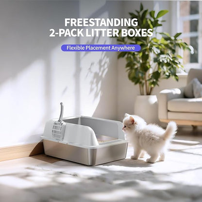 2 Pack Stainless Steel Cat Litter Box for Kitty with Lid, High Sides Metal Litter Pan for Kittens & Small Adult Cats, Odor Control, Easy to Clean, Non-Sticky, Scoops Included