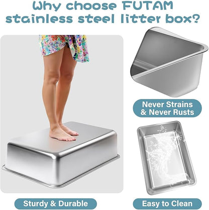 Stainless Steel Litter Box, Large Metal Cat Litter Box for Small to Medium Cats, High Sides, 18"x14"x6"，Non Stick, No Smell, Easy to Clean