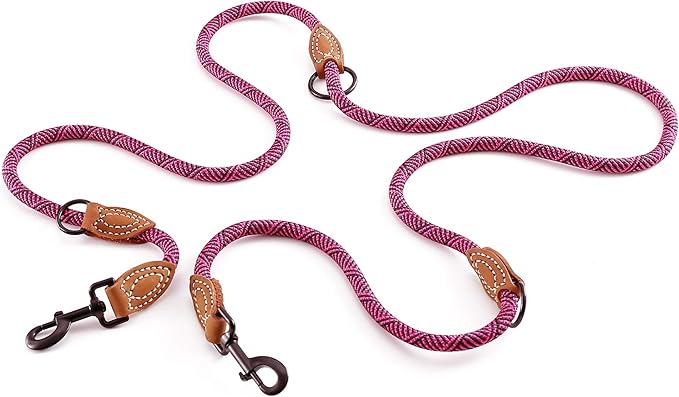 Mile High Life Dual Dog Leash - Double, Hands Free with Leather Connection, 360 Swivel, 8FT Pink