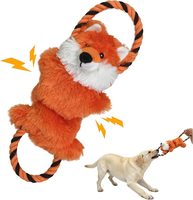 Fox Plush Squeaky Dog Toy with Crinkle Paper Puppy Teething Chew Toy Cute Soft Funny Indoor Outdoor Interactive Tug of War Dog Rope Toy for Small Medium Large Dogs Toy Gift 39.5cm/15.55in